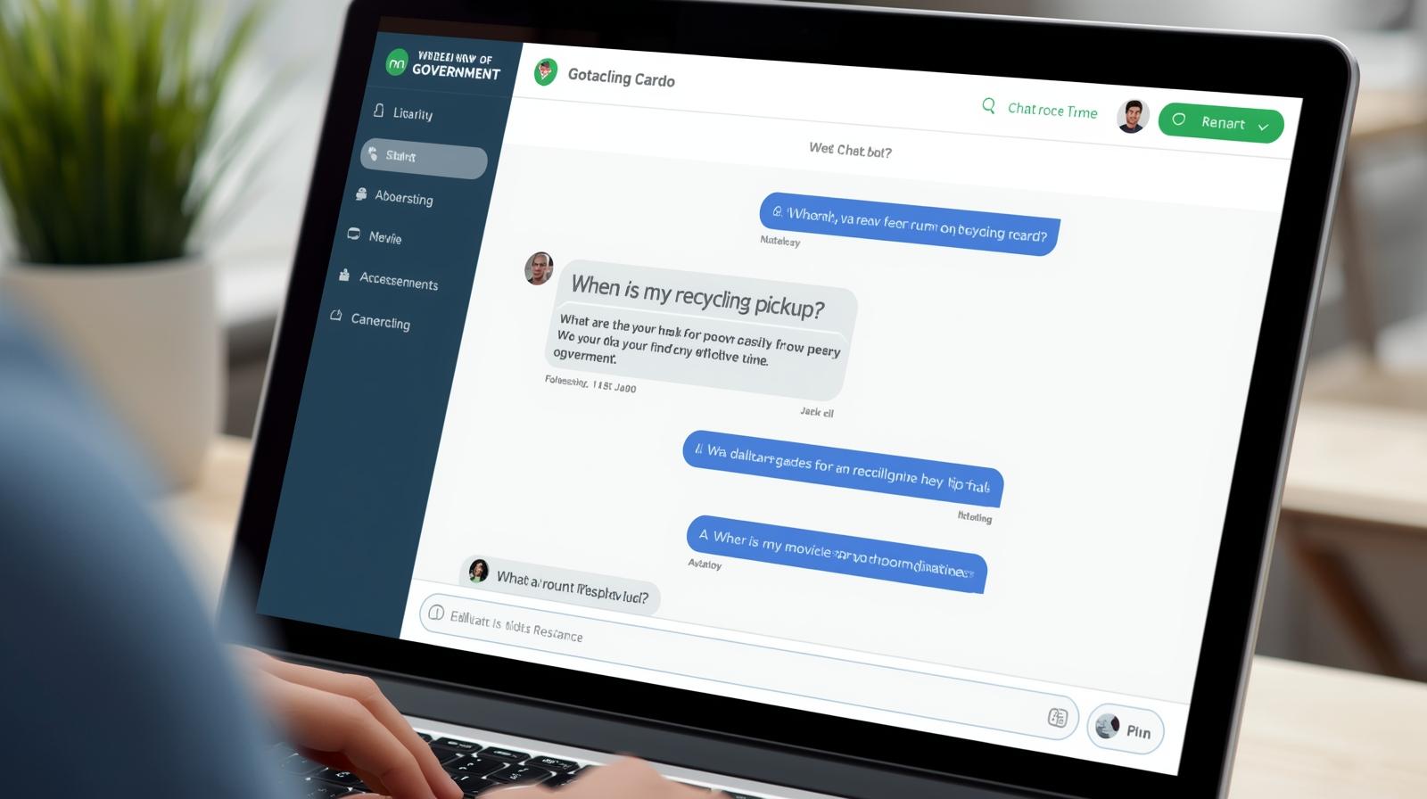 Screenshot mock-up of a government chatbot answering When is my recycling pickup.